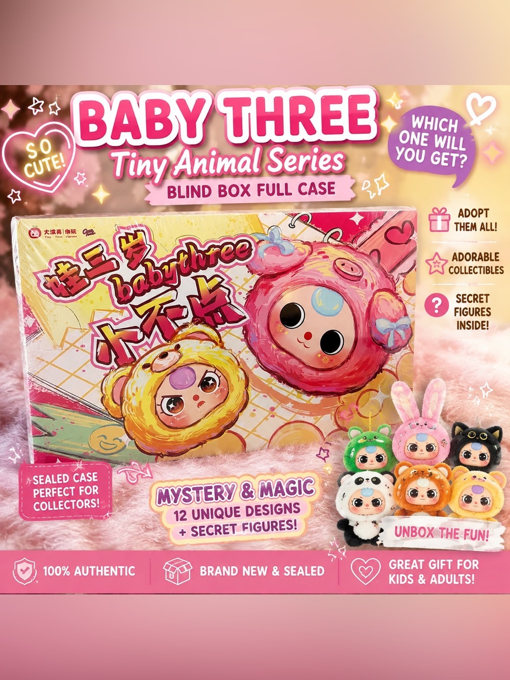 Baby Three Tiny Animal Series Blind Box Plush Collectible - Pink & Yellow